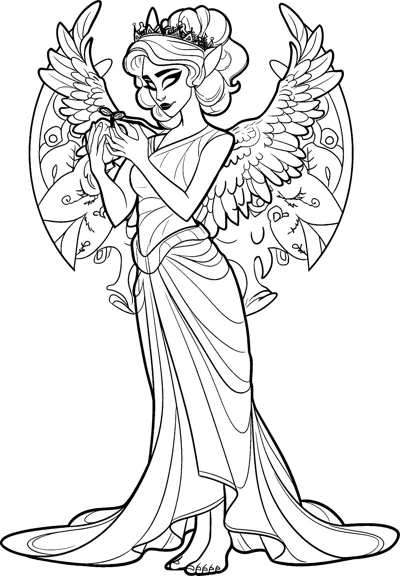 A winged woman in a flowing robe gently holds a small dove in her hands.