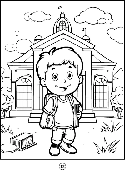 A boy with a satchel stands in front of a school building with trees and clouds.