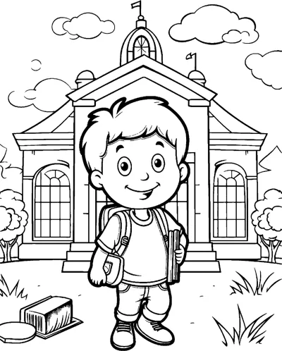 A boy with a satchel stands in front of a school building with trees and clouds.
