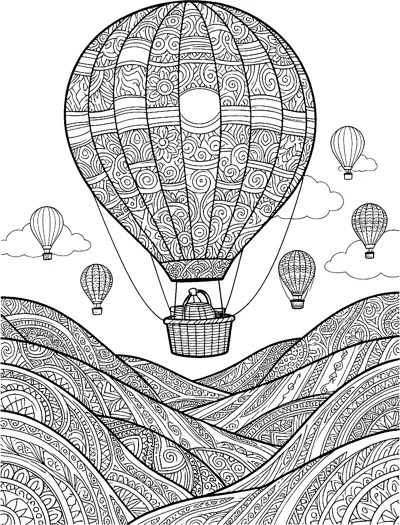 A large patterned hot air balloon with a wicker basket floats over swirling hills, with small balloons and clouds behind.