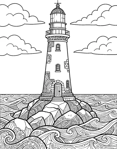 A tall lighthouse stands on a pile of rocks, surrounded by swirling patterned waves under puffy clouds.