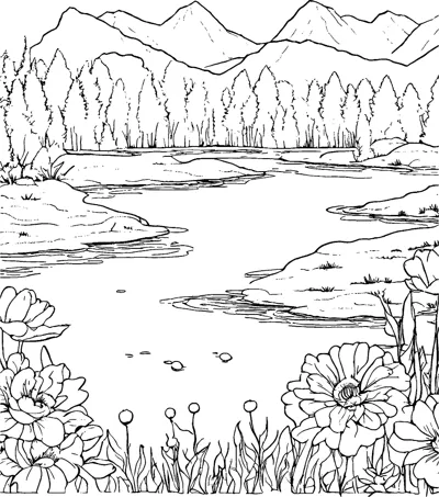 A calm lake in front of forested hills and mountains, with large flowers along the front bank.