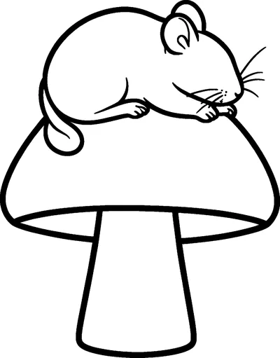 A little mouse sleeps curled up on top of a large mushroom with a wide round cap and a sturdy stem.