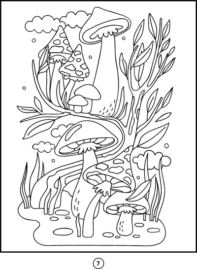 Clusters of spotted mushrooms of different sizes grow among tall grasses and leafy stems.