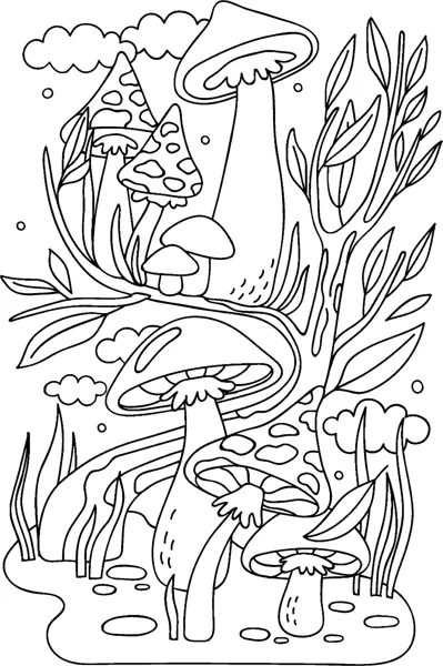 Clusters of spotted mushrooms of different sizes grow among tall grasses and leafy stems.