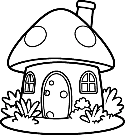 A spotted mushroom house with a chimney, arched windows and a round front door, surrounded by leafy garden plants.