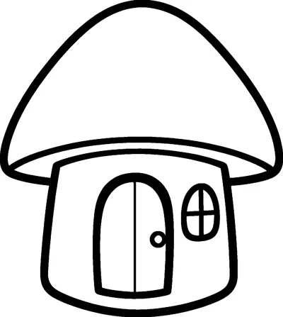 A simple mushroom house with a wide pointed cap roof, an arched front door and one round window.