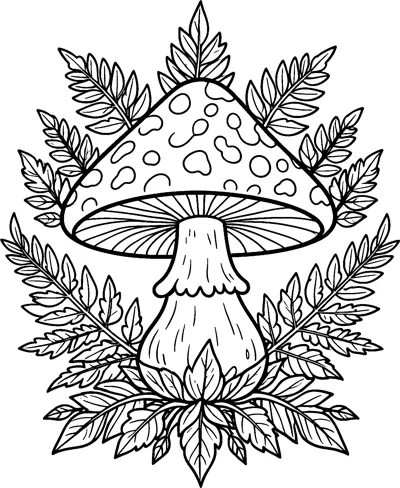 A spotted mushroom framed by symmetrical fern fronds and leaves arranged in a balanced mandala-style design.