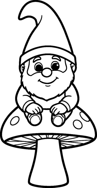 A smiling bearded gnome in a tall pointed hat sits on top of a big spotted mushroom with frilly gills.