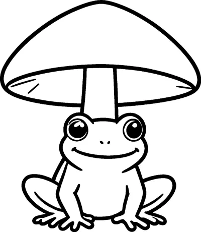 A smiling frog sits on the ground underneath a large mushroom whose wide cap shelters it like an umbrella.