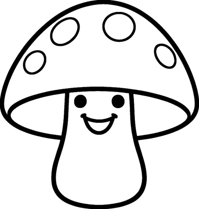 A cheerful mushroom with a spotted round cap and a smiling face drawn on its stem, outlined in thick lines.