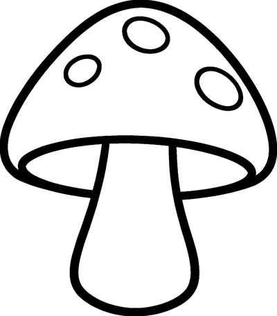 One big simple mushroom with a rounded cap, three large spots and a thick curved stem in bold outlines.