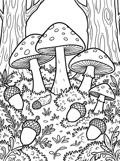 A detailed forest floor with tall spotted mushrooms, mossy mounds, scattered acorns and tree trunks in the background.