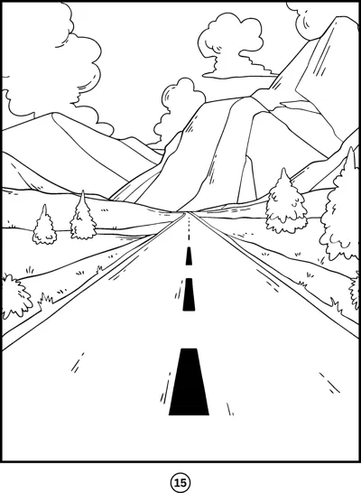 A straight road with a dashed center line leads toward tall rocky mountains and trees.