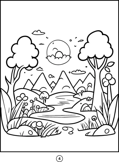 A winding stream flows between two leafy trees with mountains, clouds and flowers around it.