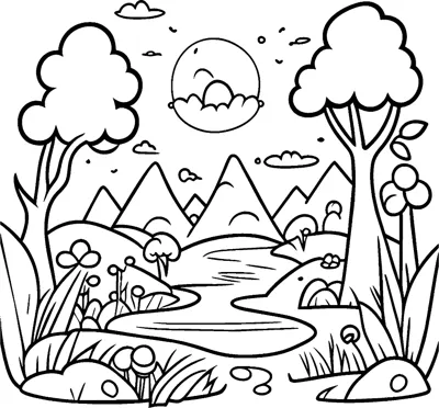A winding stream flows between two leafy trees with mountains, clouds and flowers around it.