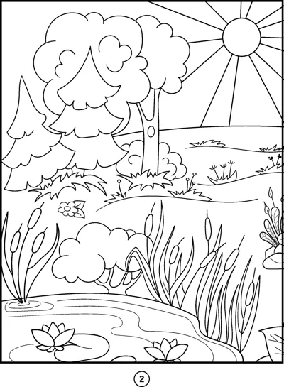 Round leafy trees, a shining sun, bushes and a small pond with lily pads in a meadow.