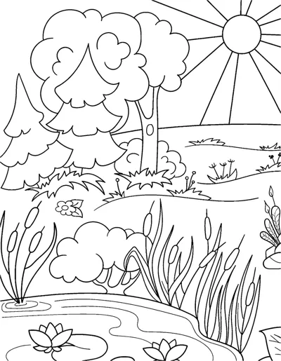Round leafy trees, a shining sun, bushes and a small pond with lily pads in a meadow.