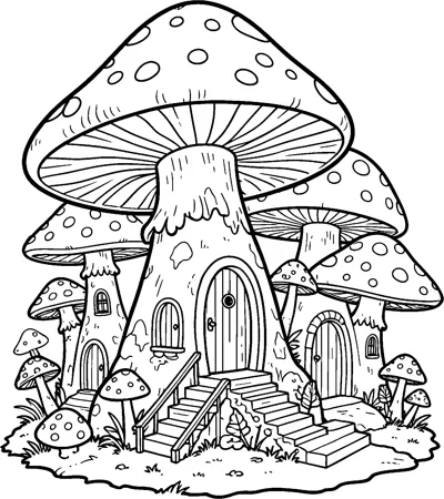 A detailed toadstool village with spotted caps, arched wooden doors, little windows and staircases winding between the houses.