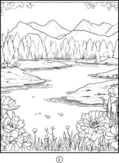 A calm lake in front of forested hills and mountains, with large flowers along the front bank.
