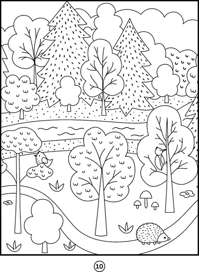 A winding path passes many round and pine trees, with a hedgehog and mushrooms near the front.