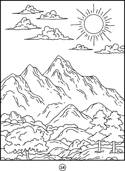 Jagged mountain peaks rise behind trees and bushes under a shining sun and fluffy clouds.