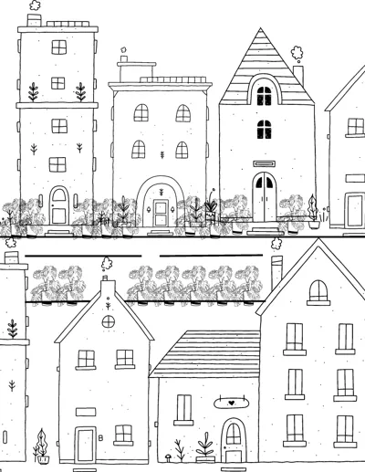 Two rows of tall narrow town houses with many windows, plants and a fenced garden.