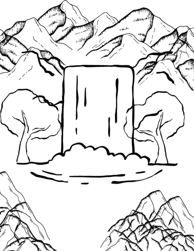 A tall waterfall pours between leafy trees with rocky mountain peaks behind and rocks below.