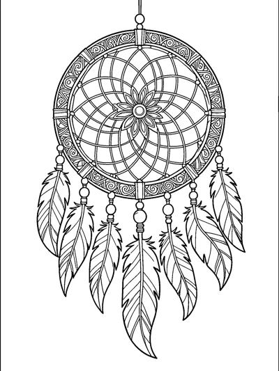 A round dreamcatcher with a woven web and patterned rim, with seven feathers hanging on beaded strings.
