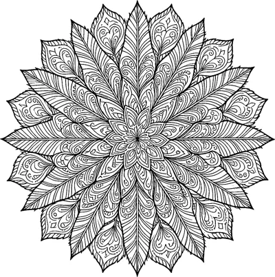 A round mandala of long striped feathers alternating with paisley teardrops filled with swirls, around a small star flower.