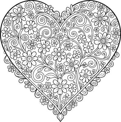 A large heart filled with small flowers and swirling vines, edged with a scalloped lace border.