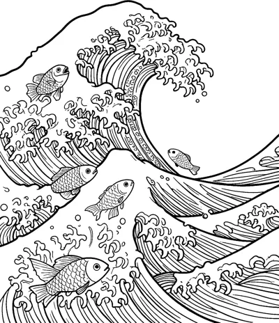 A tall curling wave with foamy claw-like crests, with scaly fish leaping through the water.
