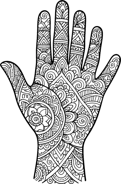 An open hand outline filled with henna-style flowers, swirls, paisleys and bands across the fingers.