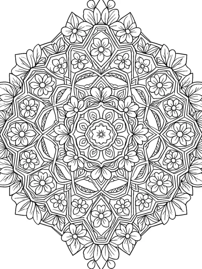 A symmetrical kaleidoscope design of geometric cells, each holding a small flower, around a central flower medallion.