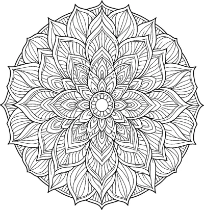 A round mandala of pointed lotus petals in many layers, each filled with fine lines, around a small flower centre.