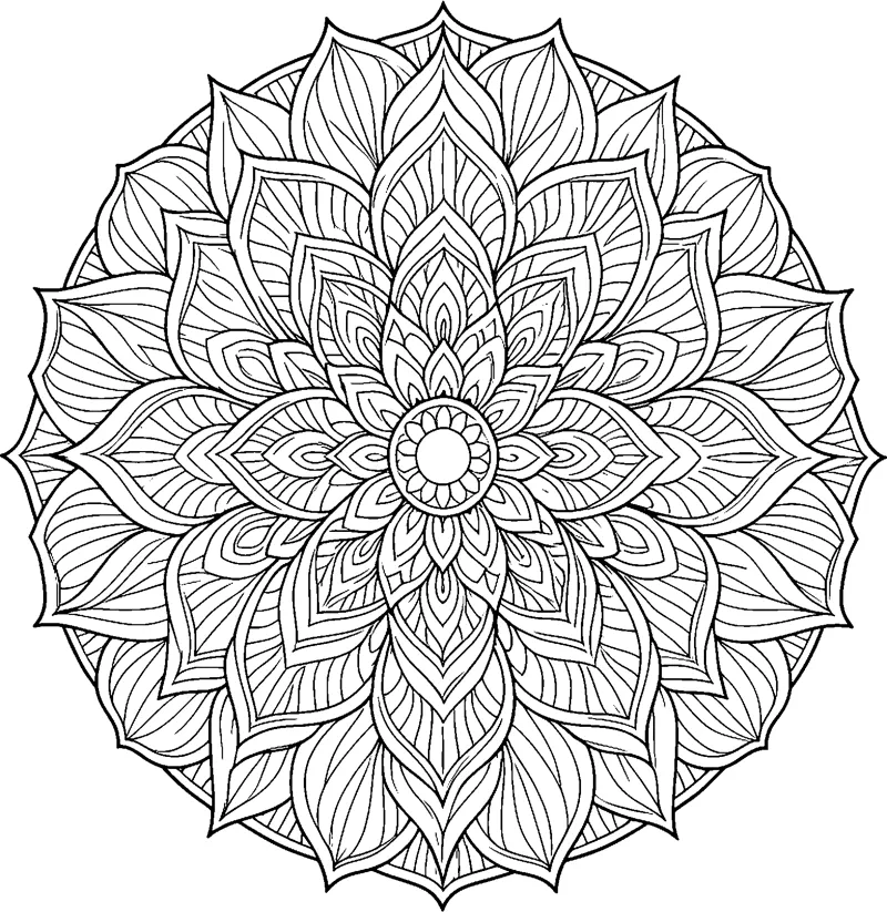 A round mandala of pointed lotus petals in many layers, each filled with fine lines, around a small flower centre.