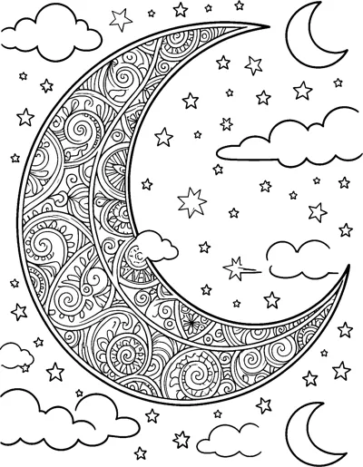 A large crescent moon filled with swirls and paisleys, surrounded by stars, clouds and small crescent moons.