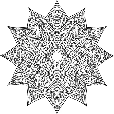 A many-pointed star mandala packed with small circles, swirls and triangles around a plain star at the centre.