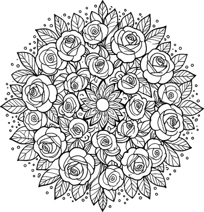 A circle of open roses packed close together with veined leaves between them and small dots around the edge.