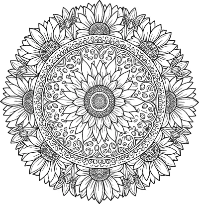 A large sunflower in a patterned circle, ringed by smaller sunflowers and buds around the outside edge.