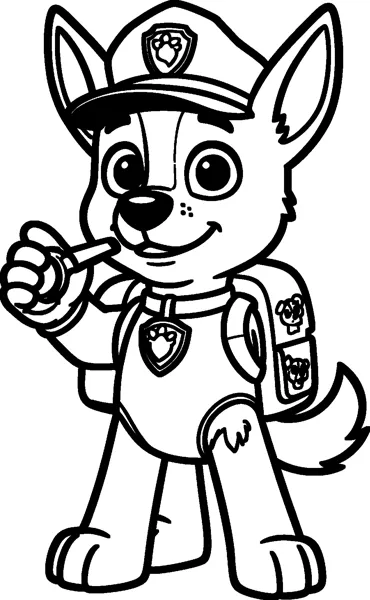 Chase holds a whistle to his mouth with one paw, wearing his police cap, vest, badge and pup-pack.