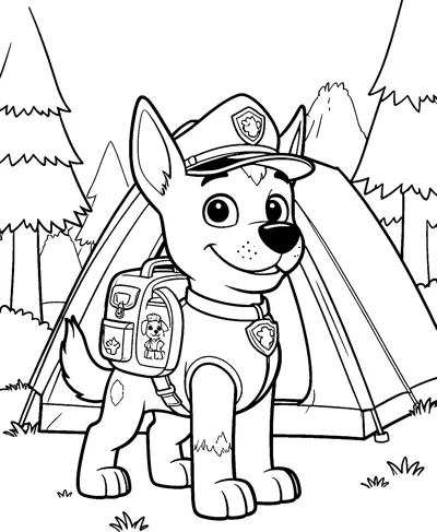 Chase stands in front of a tent in a forest clearing, surrounded by tall pine trees, bushes and grass.