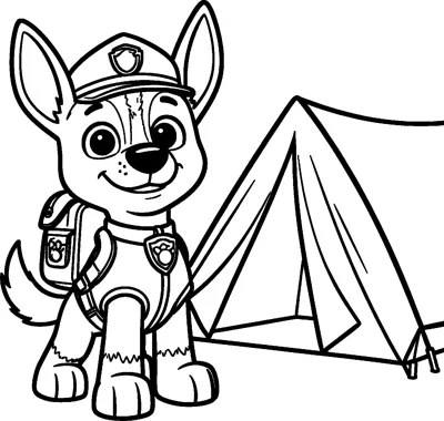Chase stands outside a triangular camping tent, wearing his police cap, vest, collar badge and pup-pack.