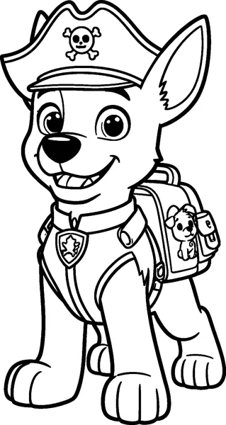 Chase wears a pirate hat with a skull and crossbones, along with his vest, badge and pup-pack.