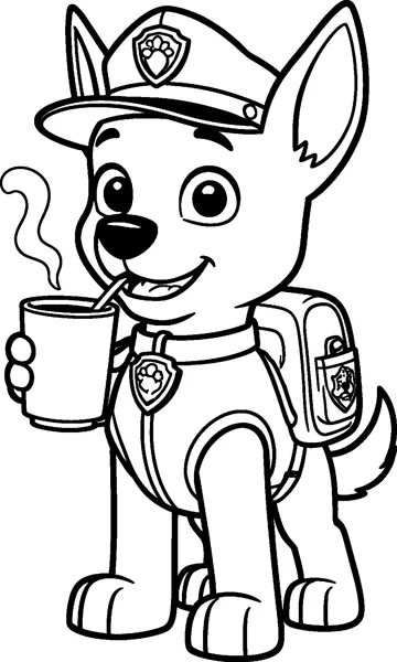 Chase sips hot cocoa through a straw from a steaming mug, wearing his police cap, vest, badge and pup-pack.