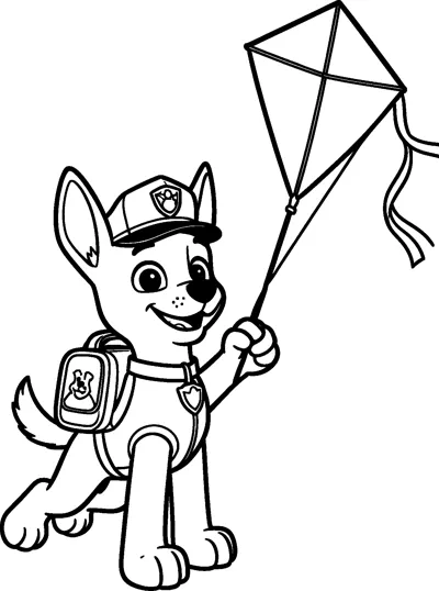 Chase holds the string of a diamond-shaped kite with a long tail, wearing his police cap, vest and pup-pack.