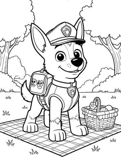 Chase stands on a checked picnic blanket next to a basket of food, with trees and bushes behind him.