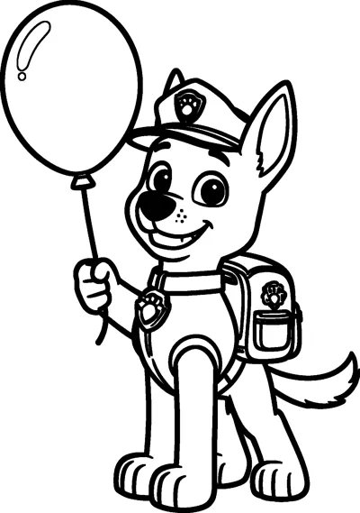 Chase holds the string of a big round balloon in one paw, wearing his police cap, vest, badge and pup-pack.