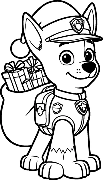 Chase wears a Santa hat and his police vest while carrying a big sack full of wrapped presents on his back.