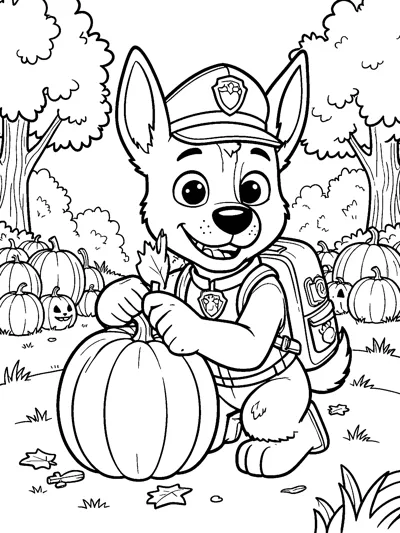 Chase kneels beside a large pumpkin holding a leaf, surrounded by pumpkins, trees and bushes in an autumn patch.